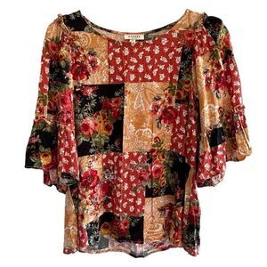 Andree by Unit Floral Patchwork Boho Top Shirt Cottage Core Women’s Size Small